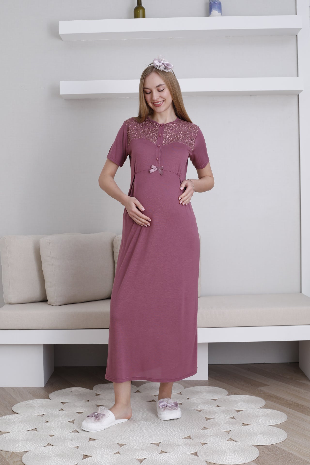 Güpürlü Yaka Dantelli Sabahlıklı Lohusa Gecelik Takımı - 2296