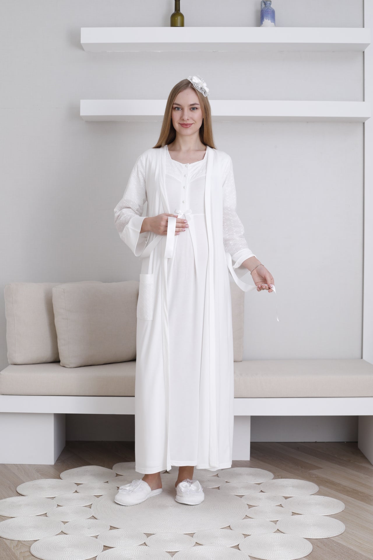 Fistolu Sabahlıklı Lohusa Hamile  Gecelik Takımı - 2297