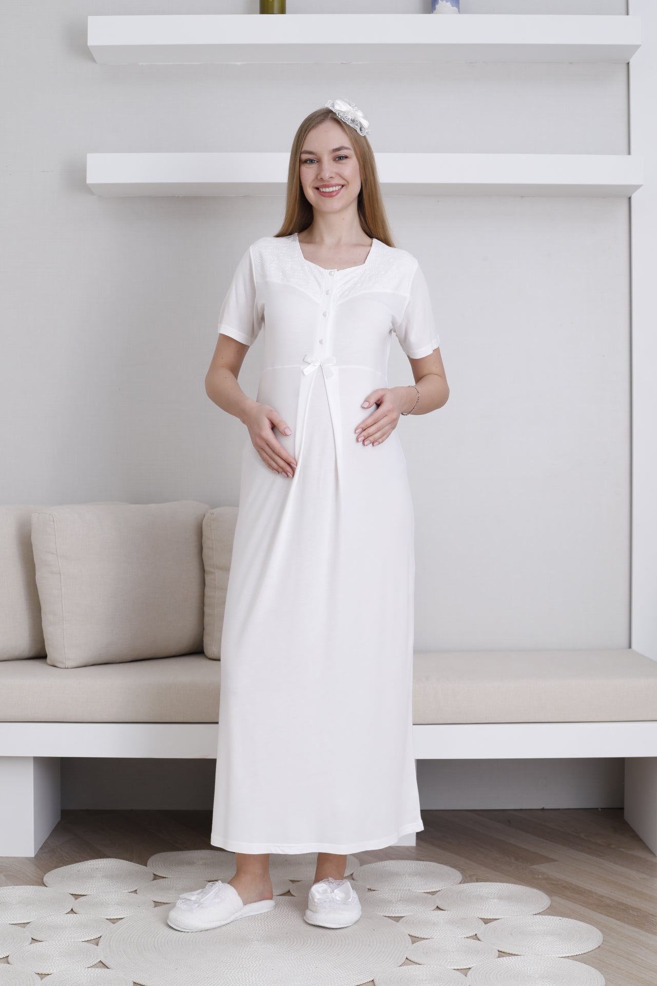 Fistolu Sabahlıklı Lohusa Hamile  Gecelik Takımı - 2297