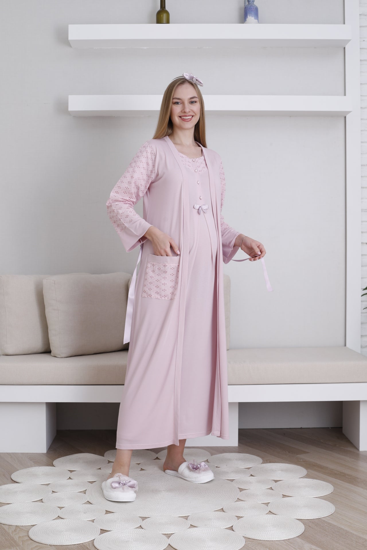 Fistolu Sabahlıklı Lohusa Hamile  Gecelik Takımı - 2297