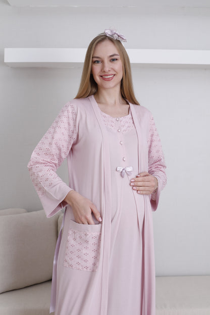 Fistolu Sabahlıklı Lohusa Hamile  Gecelik Takımı - 2297