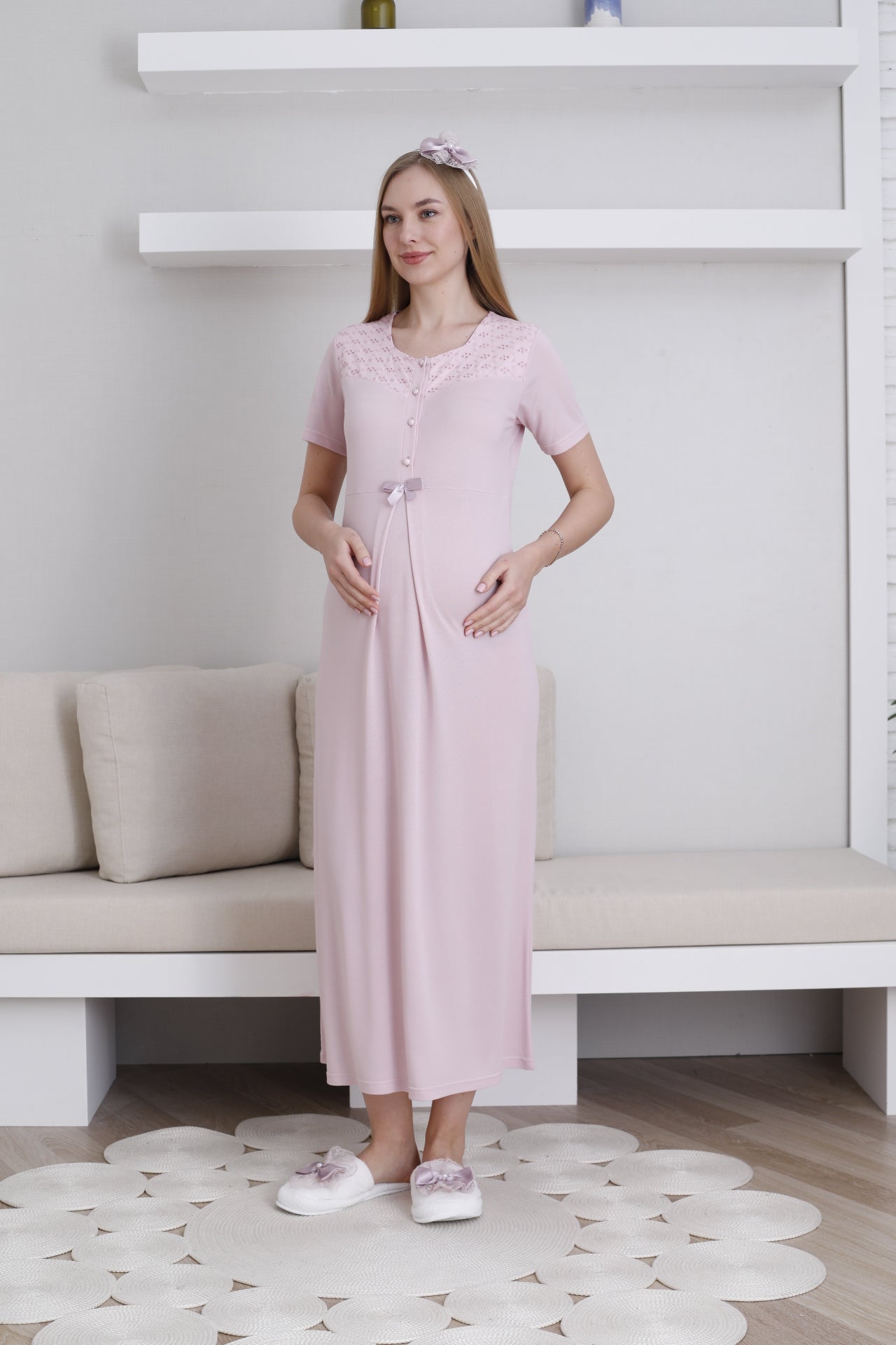 Fistolu Sabahlıklı Lohusa Hamile  Gecelik Takımı - 2297