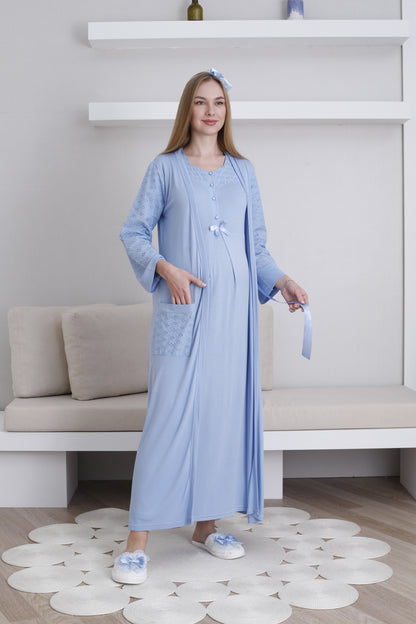 Fistolu Sabahlıklı Lohusa Hamile  Gecelik Takımı - 2297