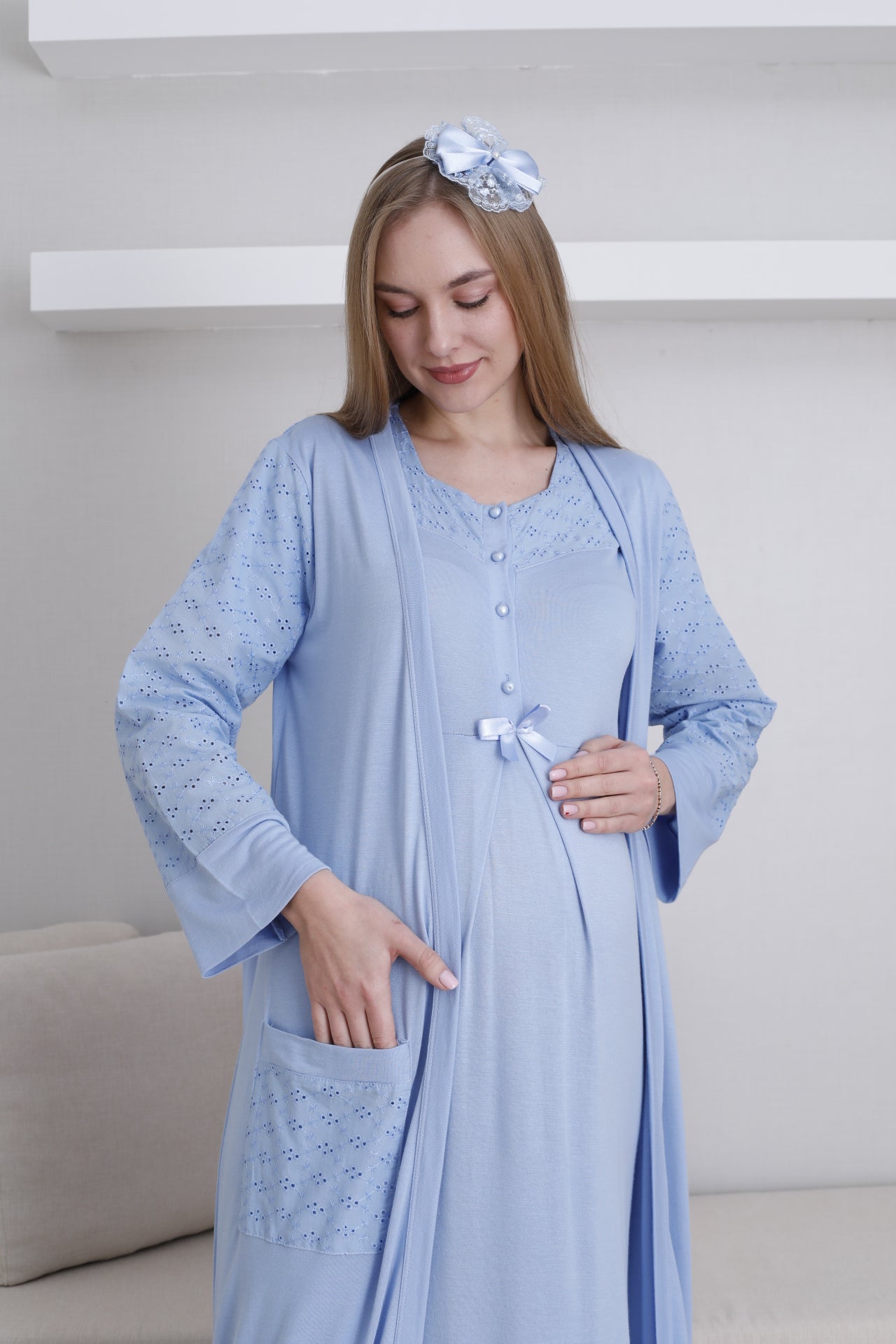 Fistolu Sabahlıklı Lohusa Hamile  Gecelik Takımı - 2297