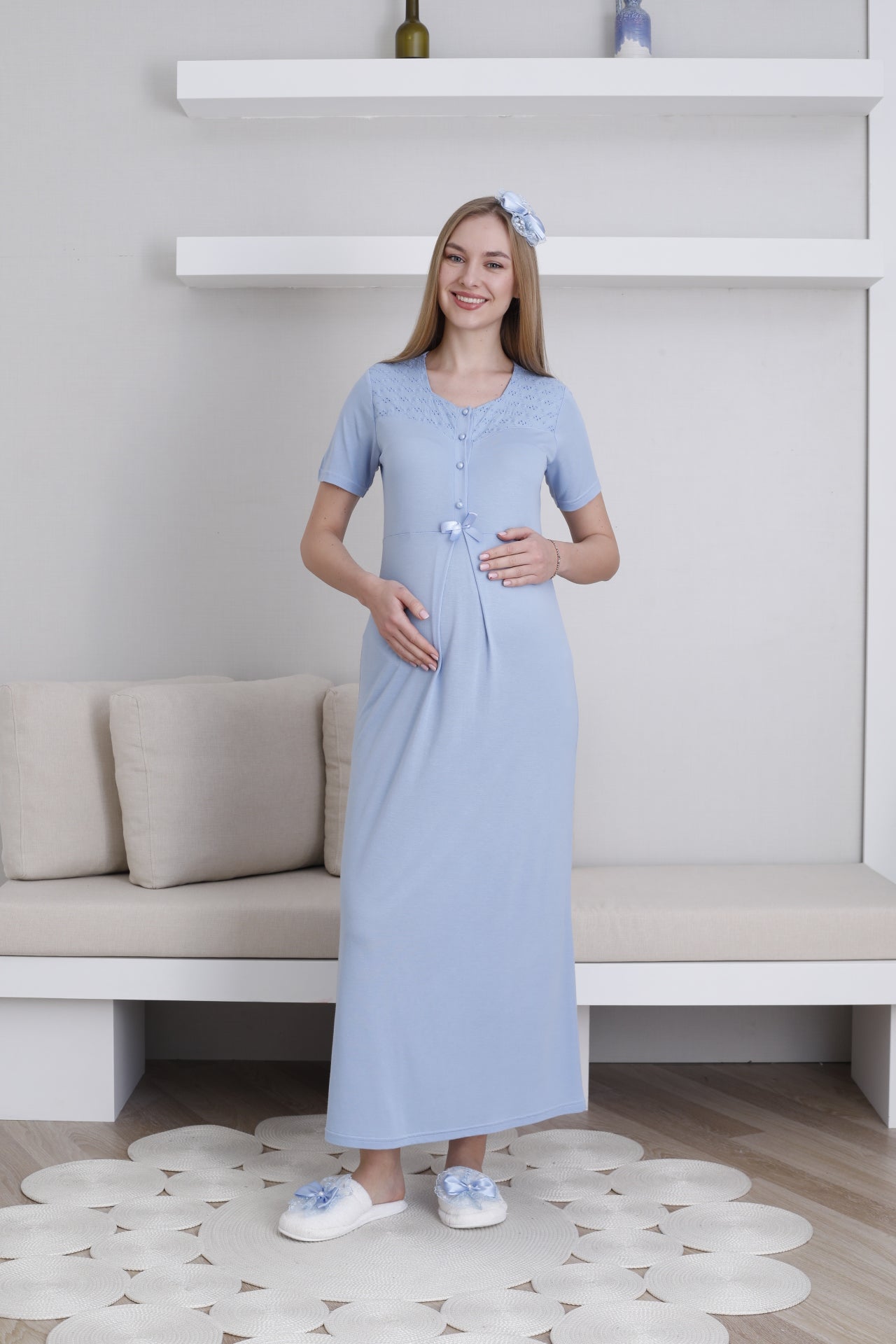 Fistolu Sabahlıklı Lohusa Hamile  Gecelik Takımı - 2297