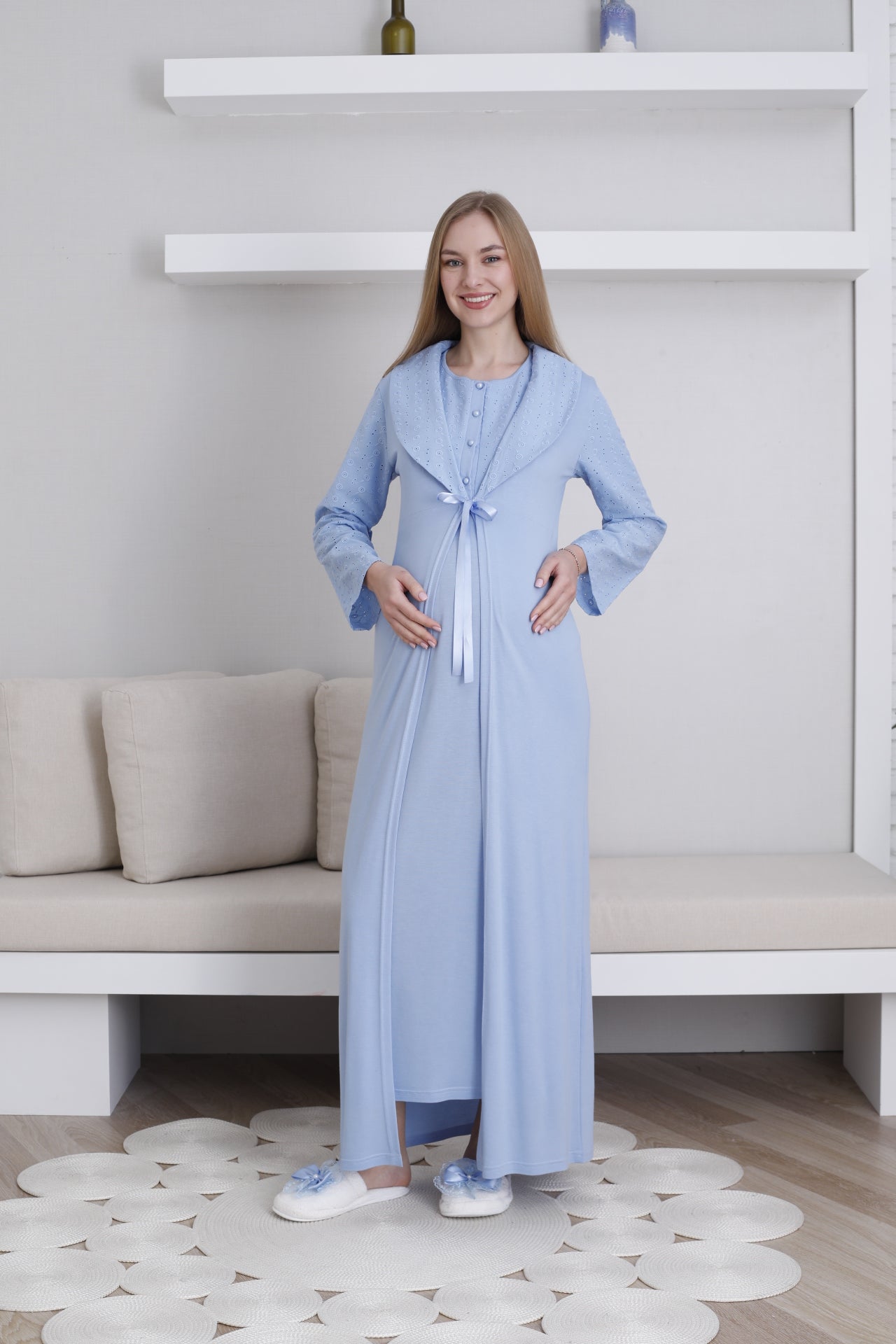 Önden Düğmeli Fistolu Sabahlıklı Lohusa Gecelik Takımı - 2298