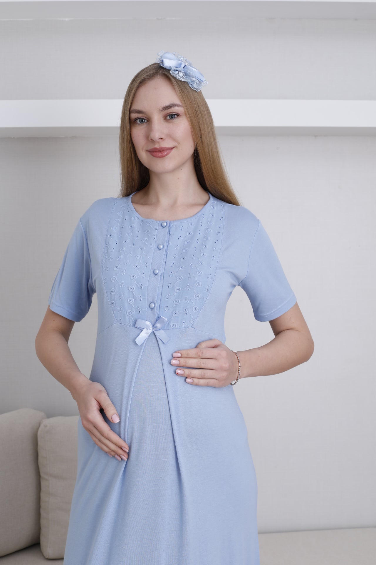 Önden Düğmeli Fistolu Sabahlıklı Lohusa Gecelik Takımı - 2298