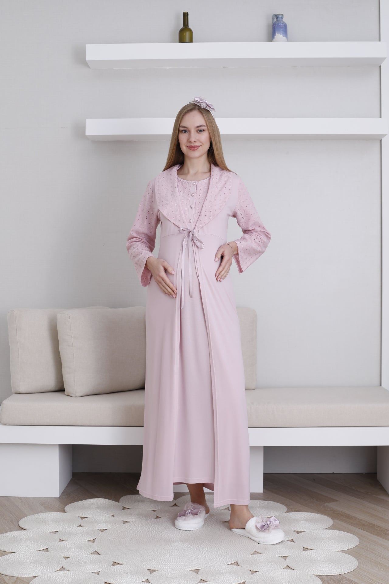 Önden Düğmeli Fistolu Sabahlıklı Lohusa Gecelik Takımı - 2298