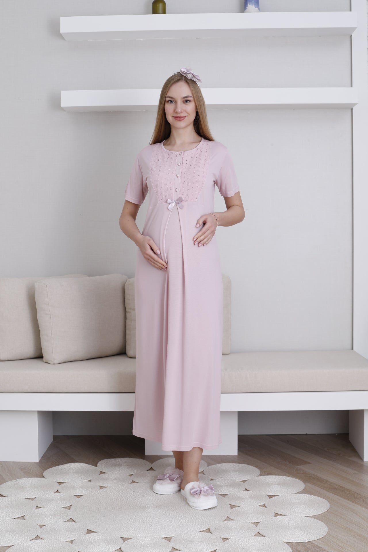 Önden Düğmeli Fistolu Sabahlıklı Lohusa Gecelik Takımı - 2298