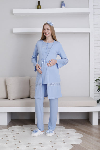 Dantel Detaylı Sabahlıklı Lohusa Pijama Takımı - 3439
