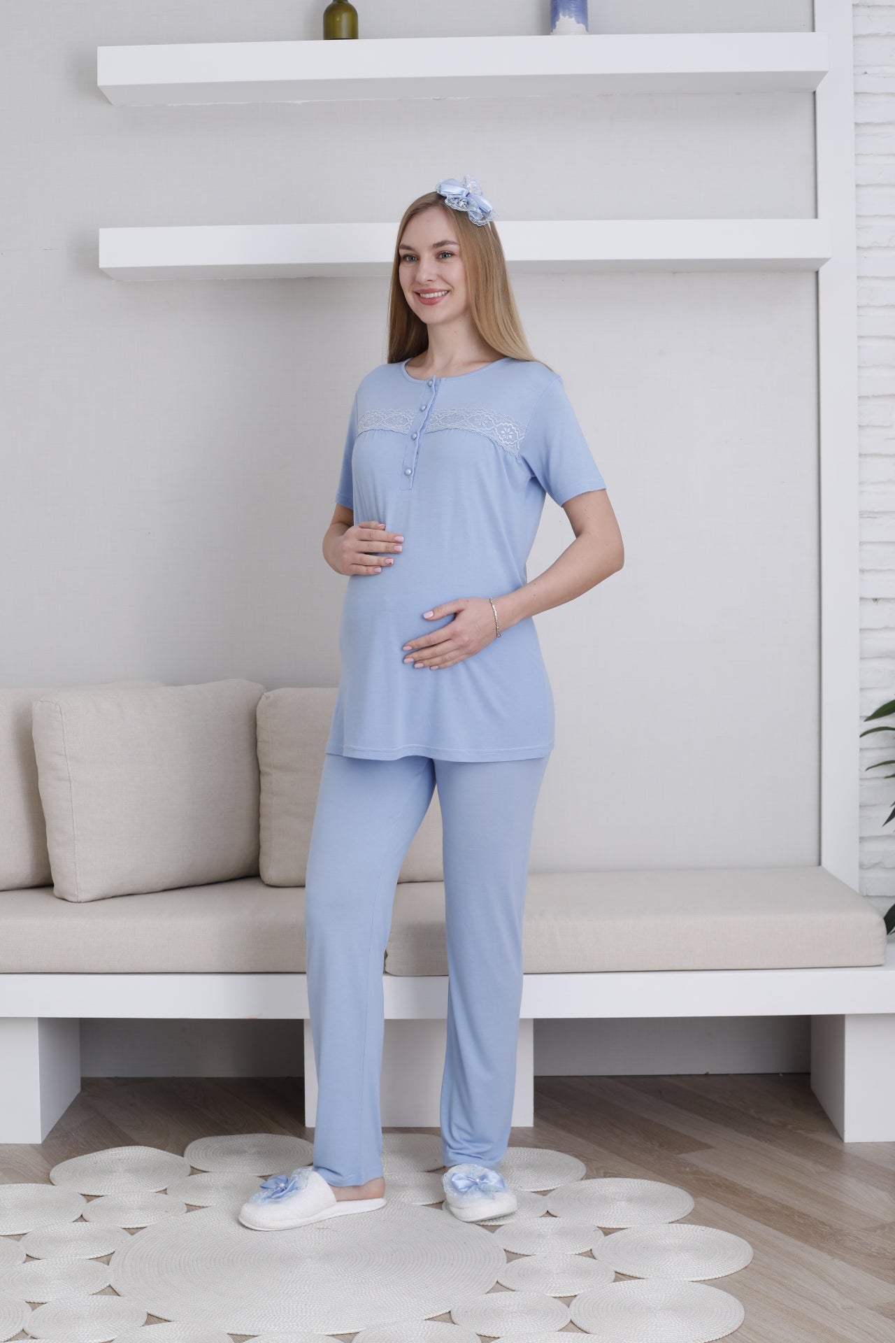 Dantel Detaylı Sabahlıklı Lohusa Pijama Takımı - 3439