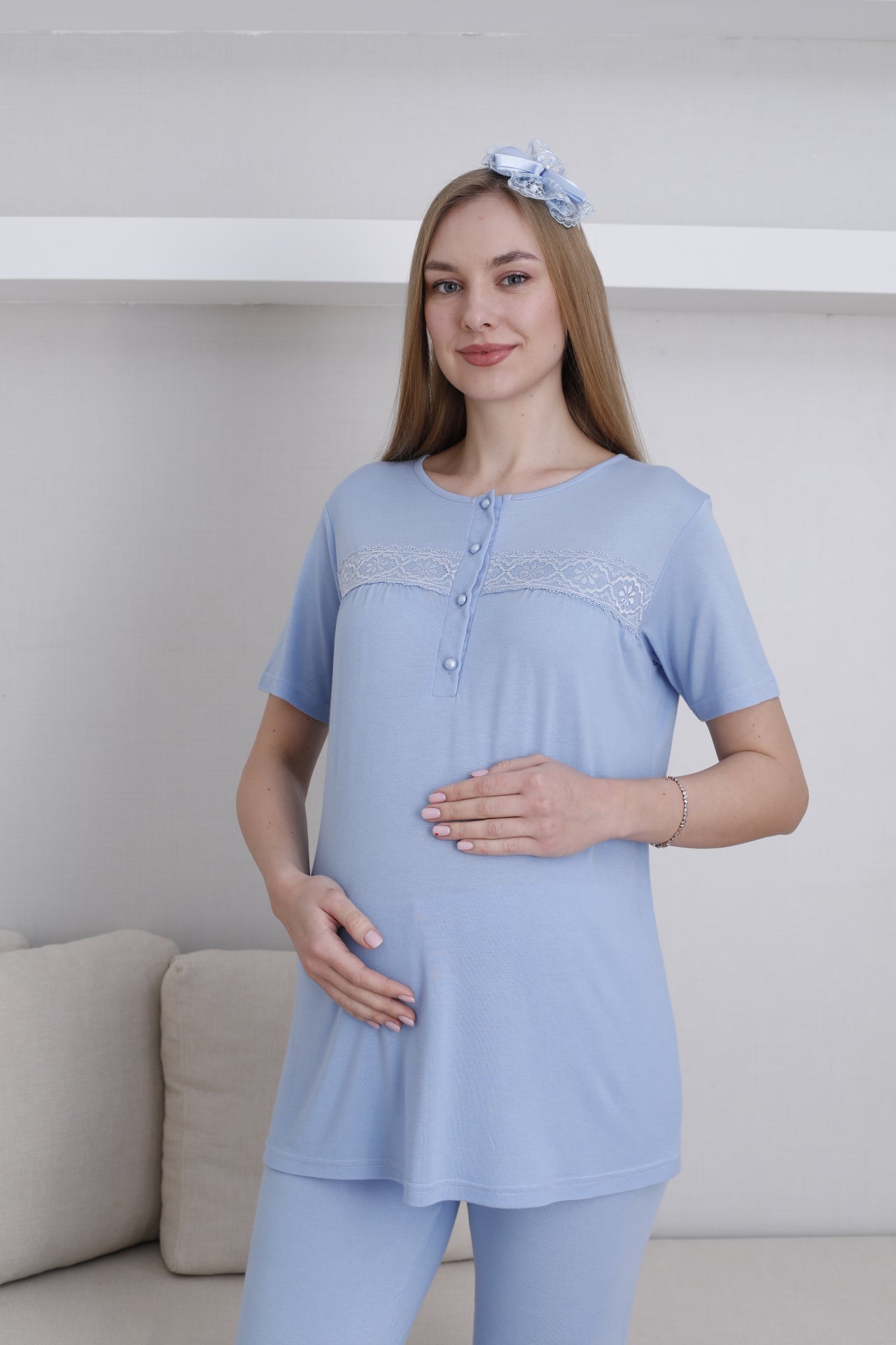 Dantel Detaylı Sabahlıklı Lohusa Pijama Takımı - 3439