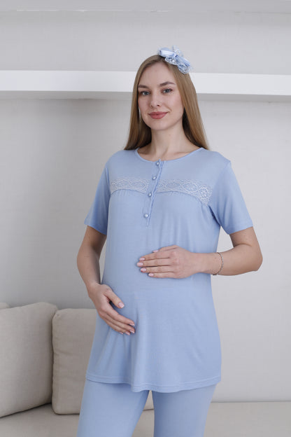 Dantel Detaylı Sabahlıklı Lohusa Pijama Takımı - 3439