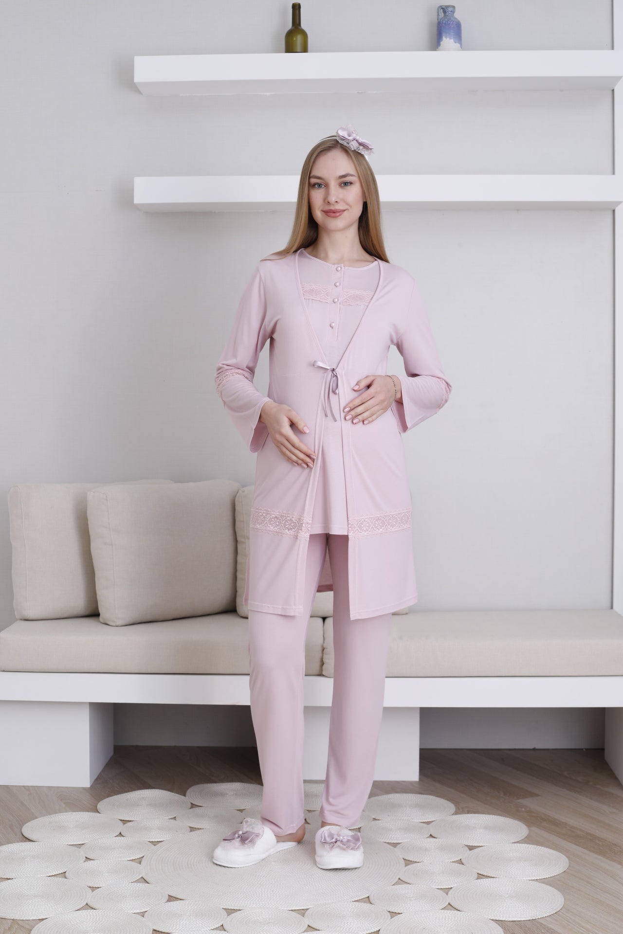 Dantel Detaylı Sabahlıklı Lohusa Pijama Takımı - 3439