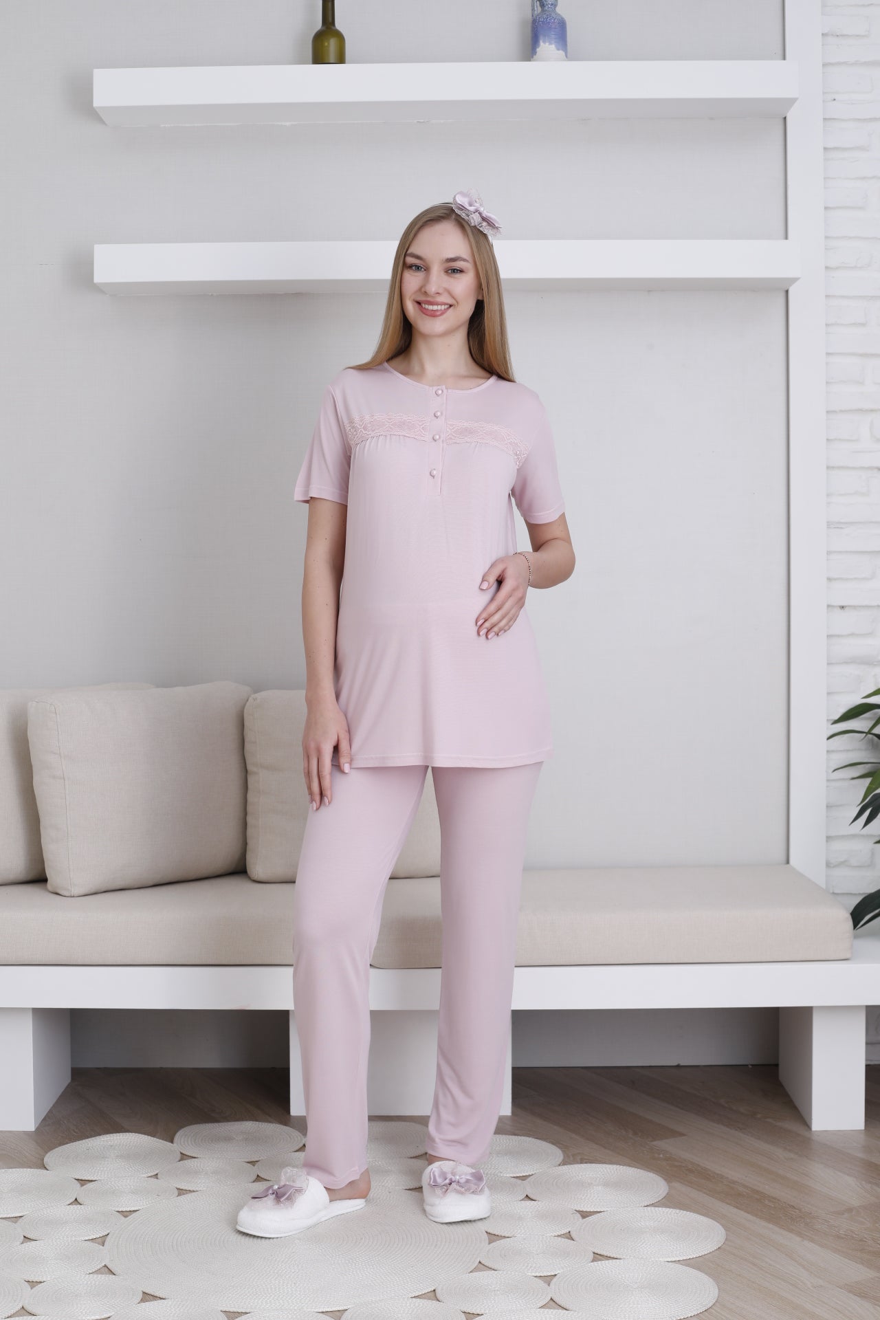 Dantel Detaylı Sabahlıklı Lohusa Pijama Takımı - 3439