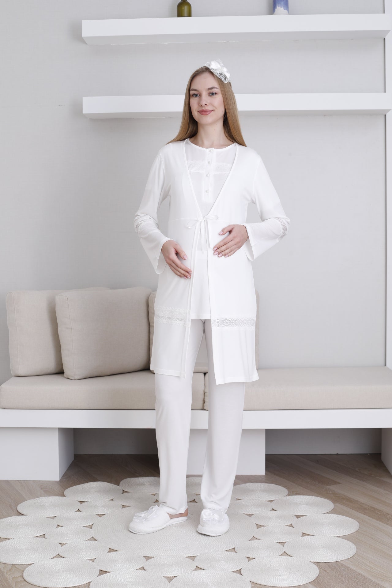 Dantel Detaylı Sabahlıklı Lohusa Pijama Takımı - 3439