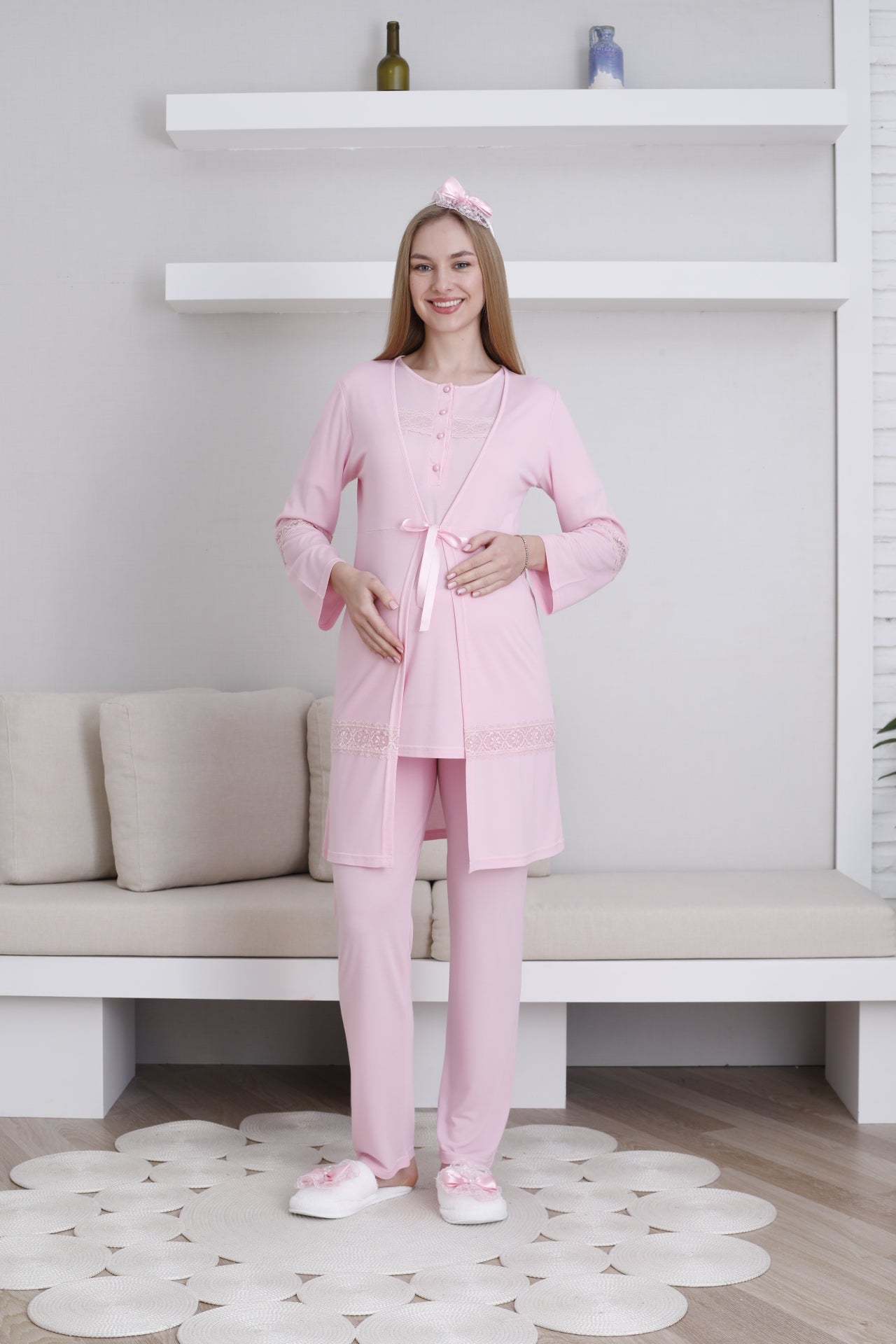 Dantel Detaylı Sabahlıklı Lohusa Pijama Takımı - 3439