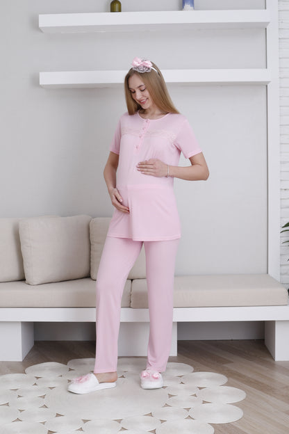 Dantel Detaylı Sabahlıklı Lohusa Pijama Takımı - 3439