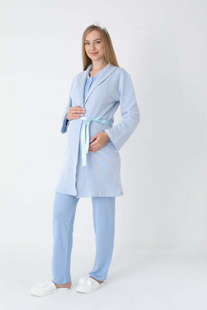 3’Lü Pijama Takımı - Çizgi Desenli Sabahlıklı Dantel Detay Lohusa Hamile Takım - 3442