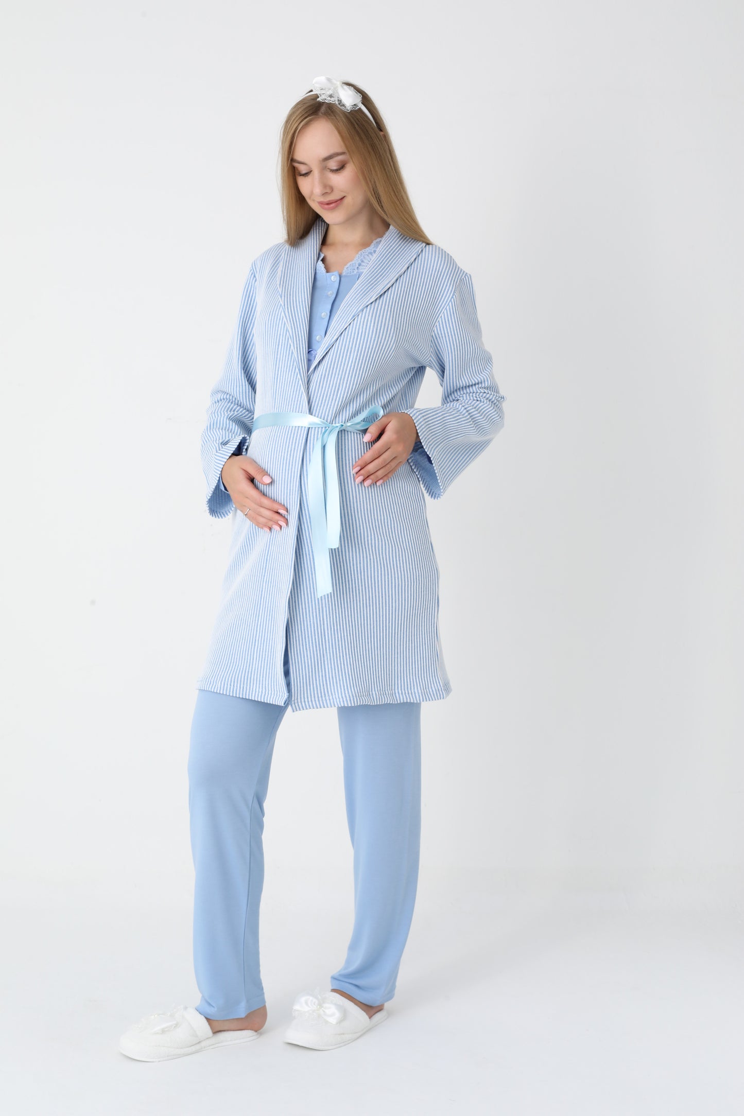 3’Lü Pijama Takımı - Çizgi Desenli Sabahlıklı Dantel Detay Lohusa Hamile Takım - 3442