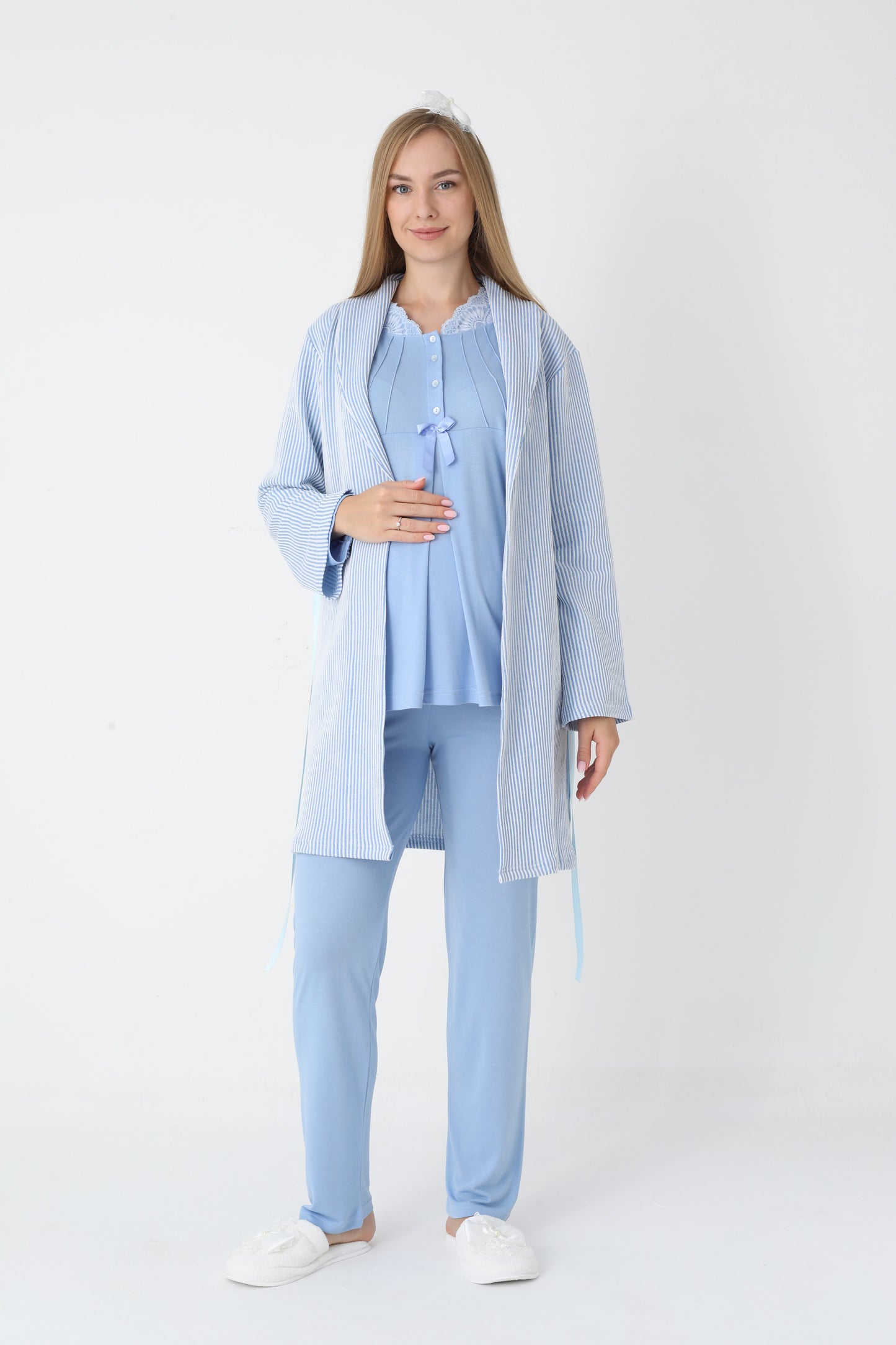 3’Lü Pijama Takımı - Çizgi Desenli Sabahlıklı Dantel Detay Lohusa Hamile Takım - 3442