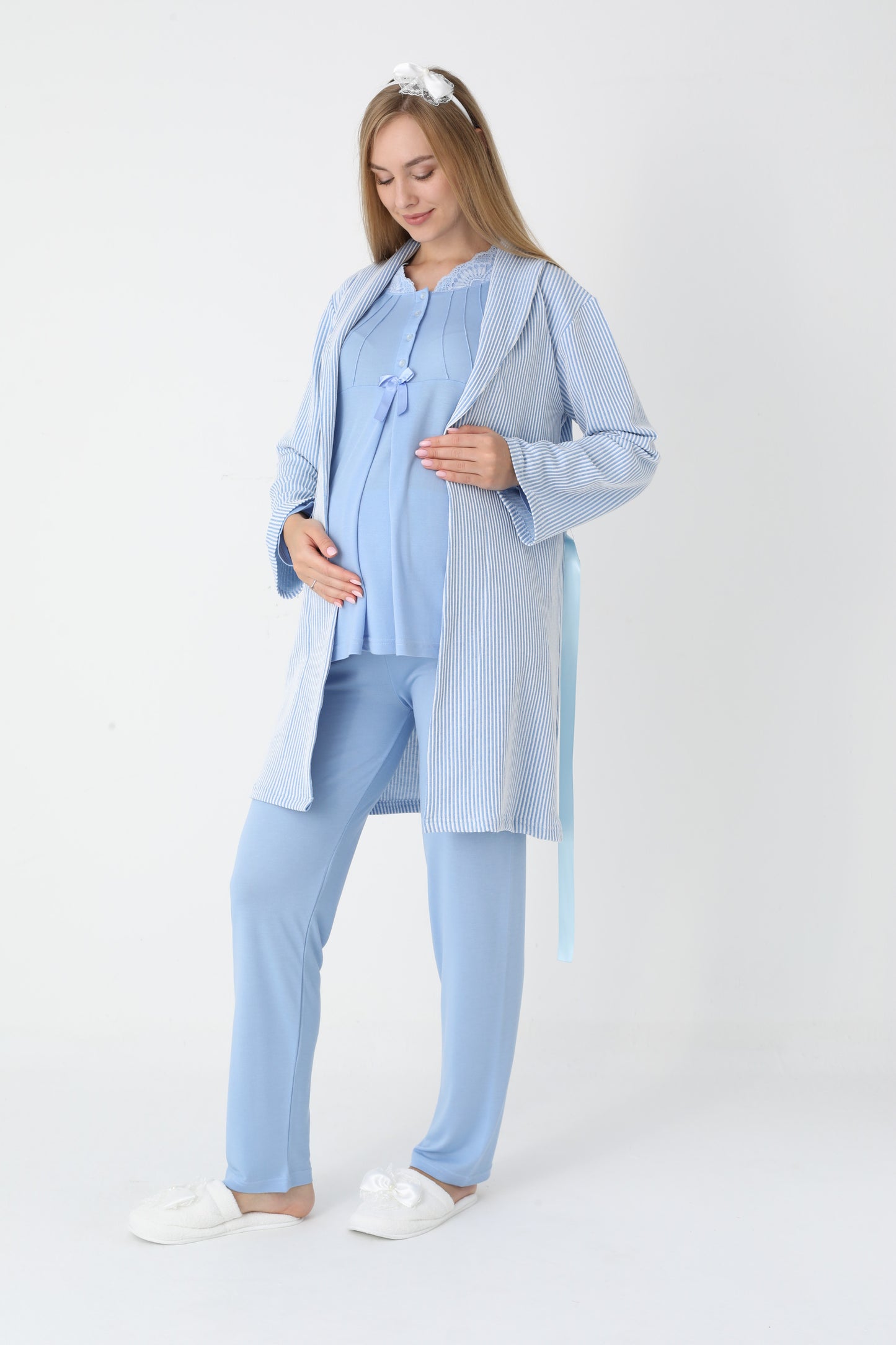 3’Lü Pijama Takımı - Çizgi Desenli Sabahlıklı Dantel Detay Lohusa Hamile Takım - 3442