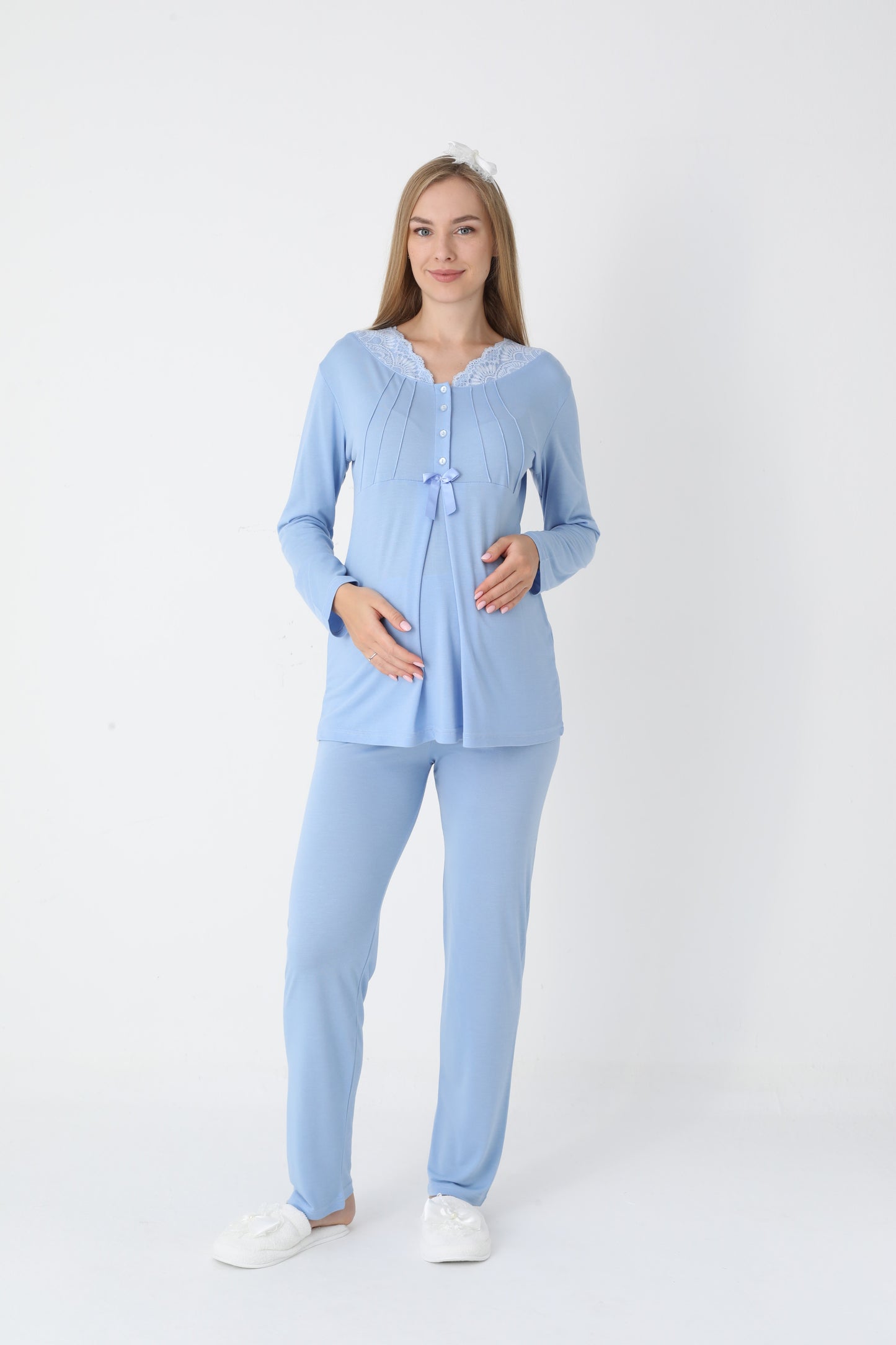 3’Lü Pijama Takımı - Çizgi Desenli Sabahlıklı Dantel Detay Lohusa Hamile Takım - 3442