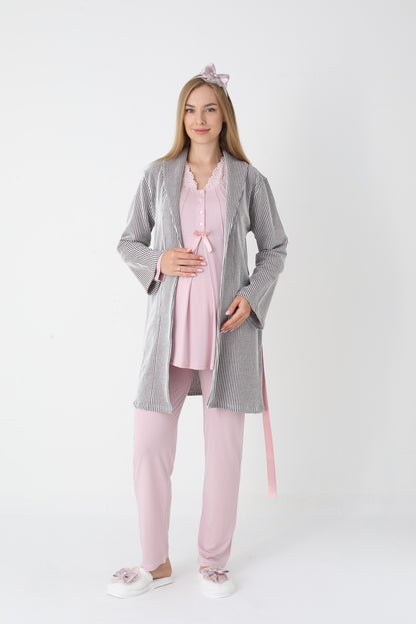 3’Lü Pijama Takımı - Çizgi Desenli Sabahlıklı Dantel Detay Lohusa Hamile Takım - 3442