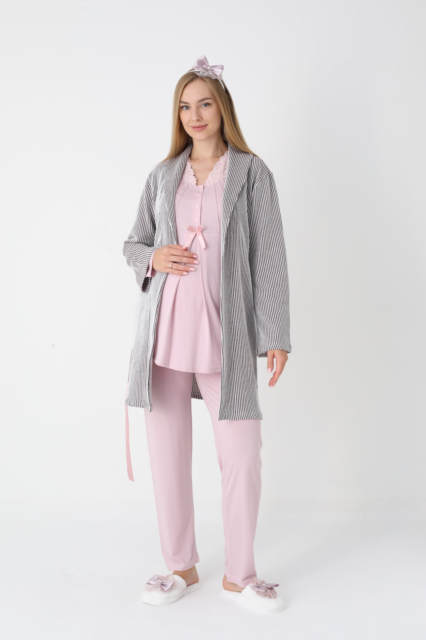 3’Lü Pijama Takımı - Çizgi Desenli Sabahlıklı Dantel Detay Lohusa Hamile Takım - 3442