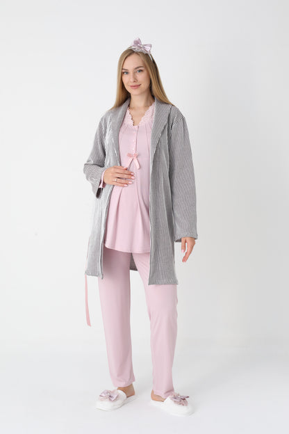 3’Lü Pijama Takımı - Çizgi Desenli Sabahlıklı Dantel Detay Lohusa Hamile Takım - 3442