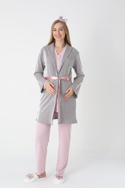 3’Lü Pijama Takımı - Çizgi Desenli Sabahlıklı Dantel Detay Lohusa Hamile Takım - 3442