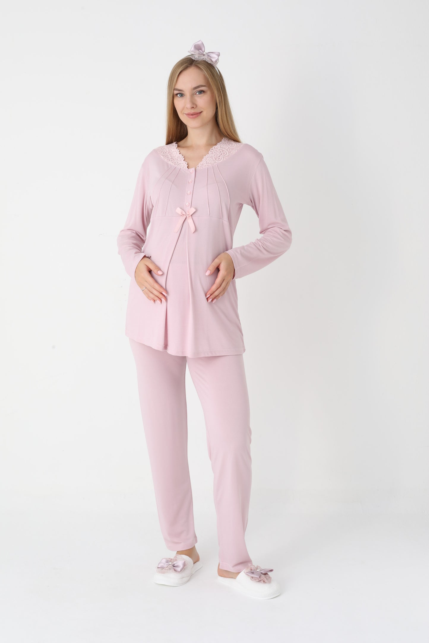 3’Lü Pijama Takımı - Çizgi Desenli Sabahlıklı Dantel Detay Lohusa Hamile Takım - 3442