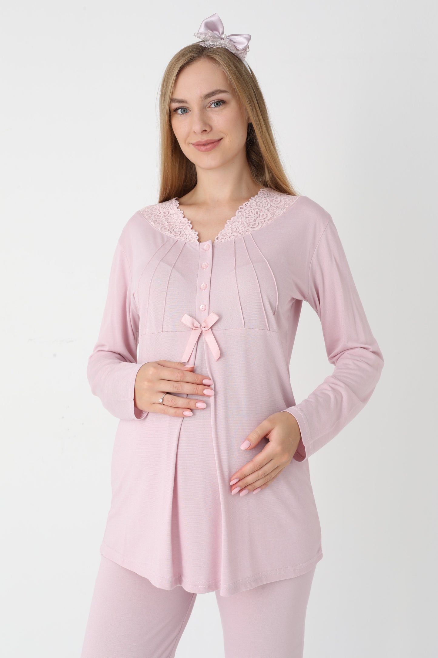 3’Lü Pijama Takımı - Çizgi Desenli Sabahlıklı Dantel Detay Lohusa Hamile Takım - 3442