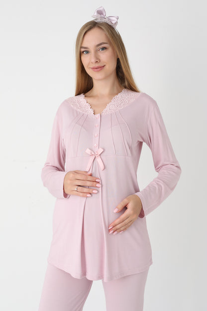3’Lü Pijama Takımı - Çizgi Desenli Sabahlıklı Dantel Detay Lohusa Hamile Takım - 3442