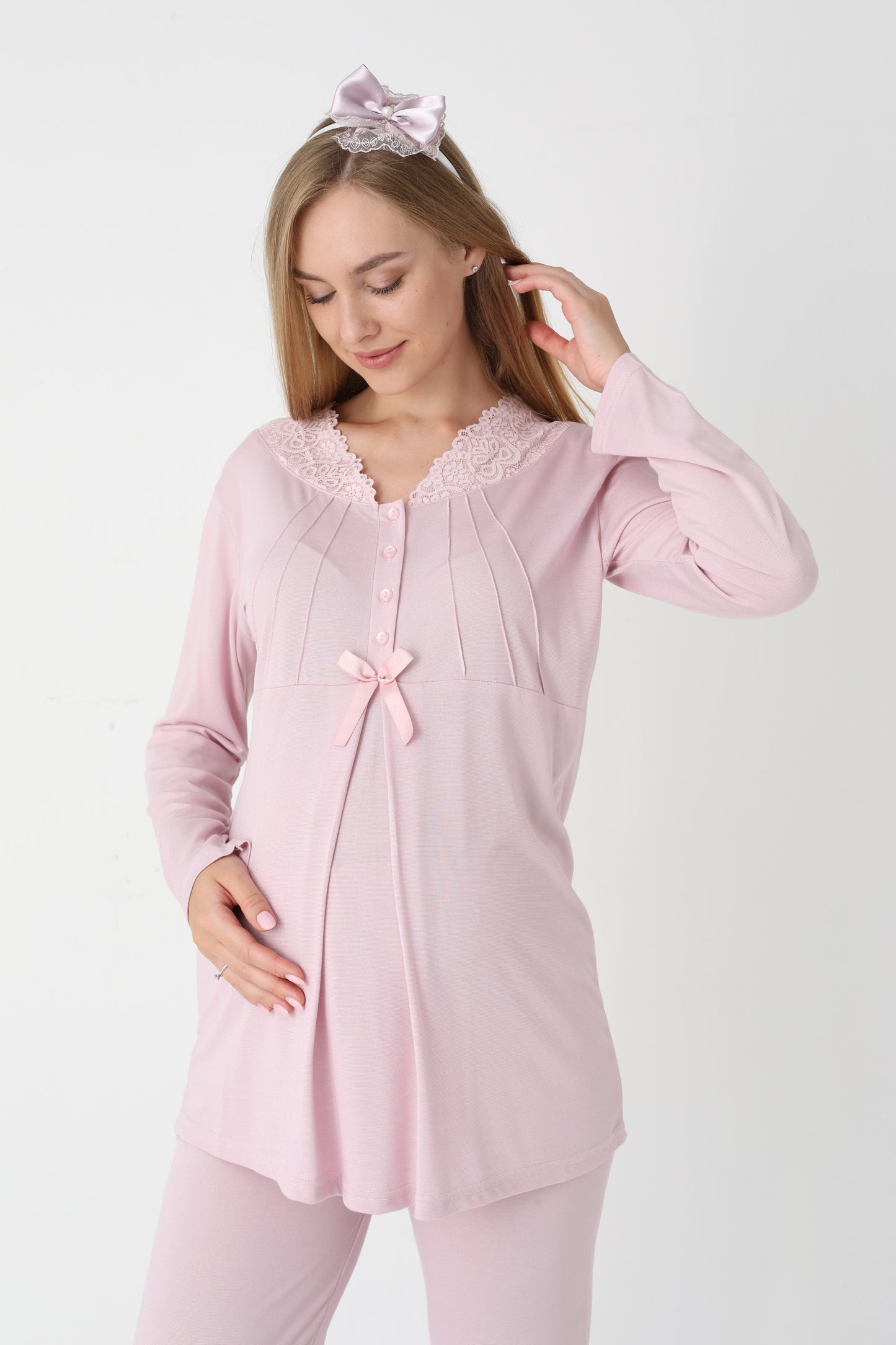 3’Lü Pijama Takımı - Çizgi Desenli Sabahlıklı Dantel Detay Lohusa Hamile Takım - 3442