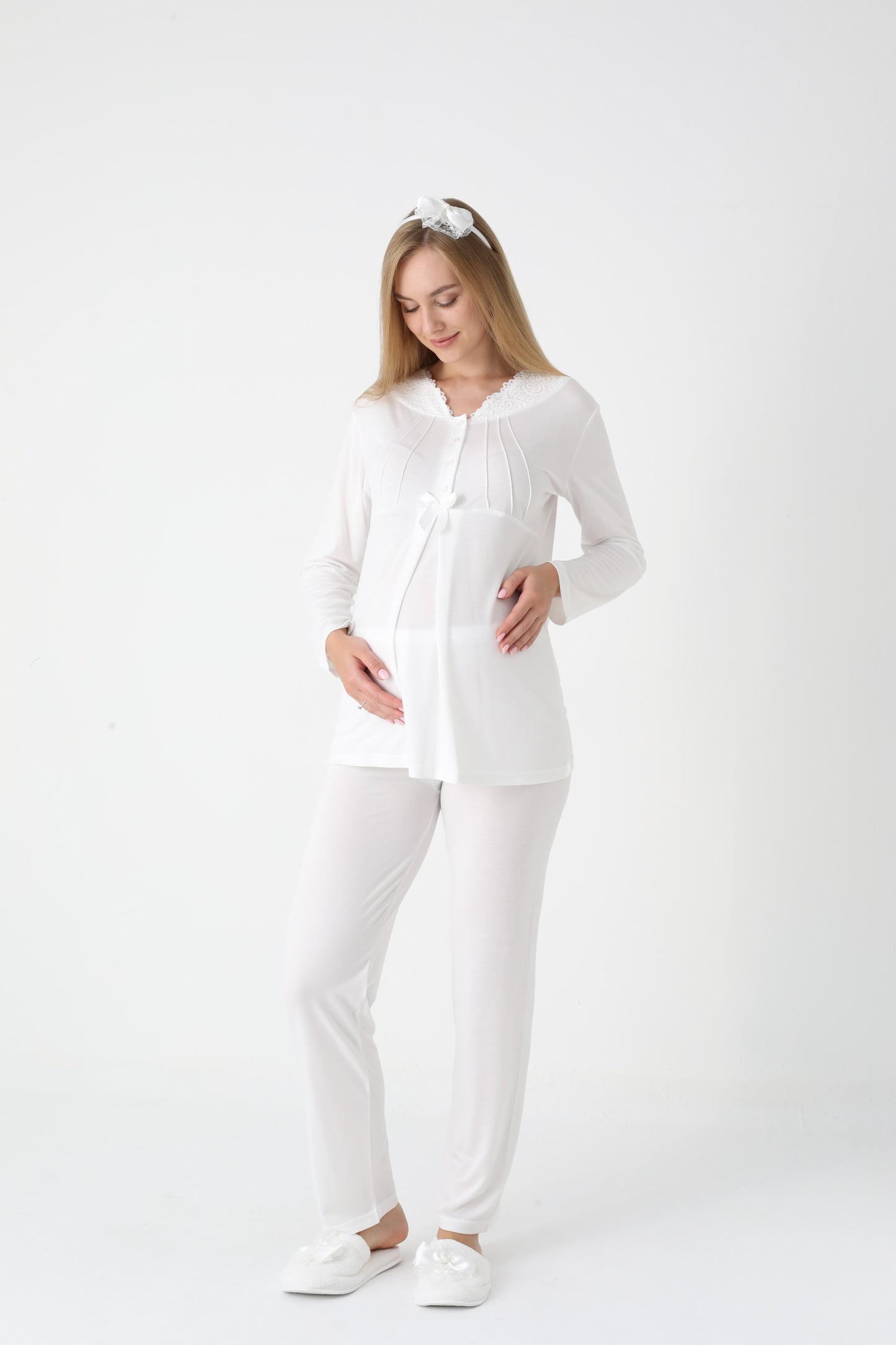 3’Lü Pijama Takımı - Çizgi Desenli Sabahlıklı Dantel Detay Lohusa Hamile Takım - 3442