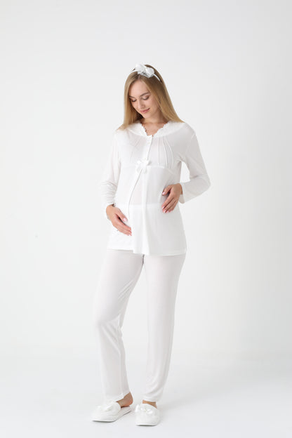 3’Lü Pijama Takımı - Çizgi Desenli Sabahlıklı Dantel Detay Lohusa Hamile Takım - 3442