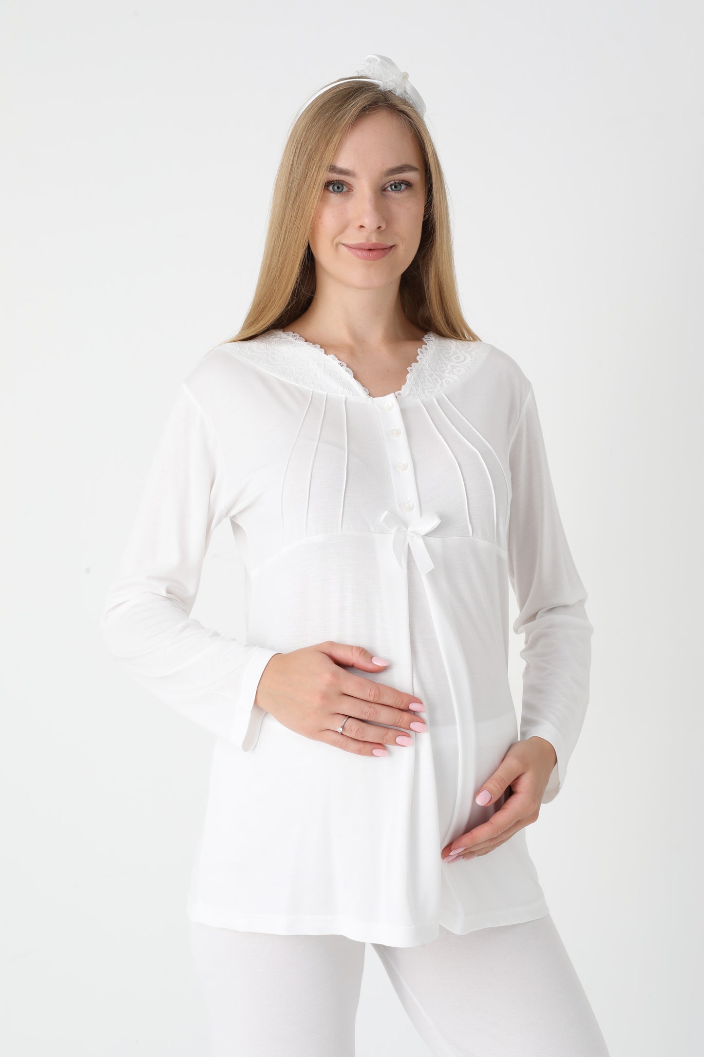 3’Lü Pijama Takımı - Çizgi Desenli Sabahlıklı Dantel Detay Lohusa Hamile Takım - 3442