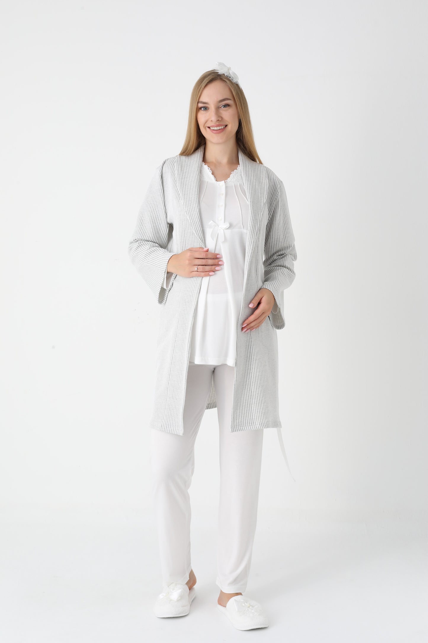 3’Lü Pijama Takımı - Çizgi Desenli Sabahlıklı Dantel Detay Lohusa Hamile Takım - 3442