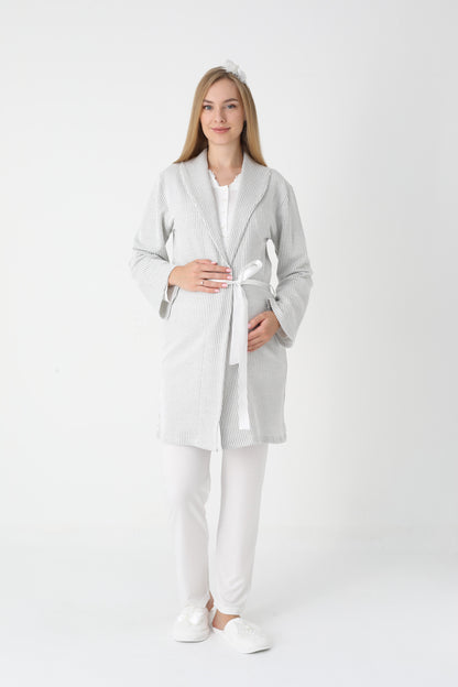 3’Lü Pijama Takımı - Çizgi Desenli Sabahlıklı Dantel Detay Lohusa Hamile Takım - 3442