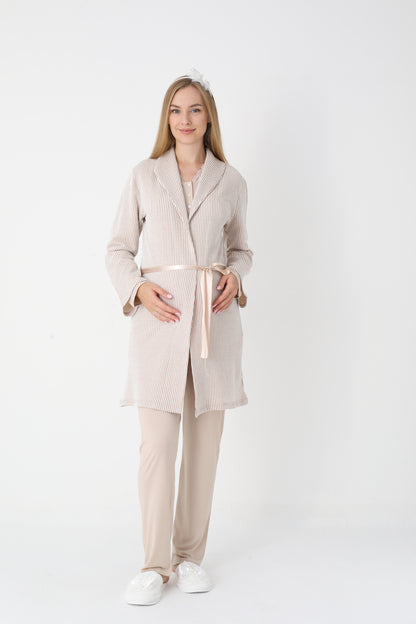 3’Lü Pijama Takımı - Çizgi Desenli Sabahlıklı Dantel Detay Lohusa Hamile Takım - 3442