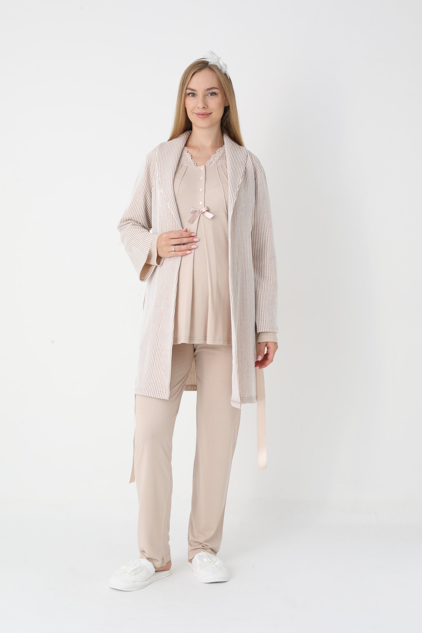 3’Lü Pijama Takımı - Çizgi Desenli Sabahlıklı Dantel Detay Lohusa Hamile Takım - 3442