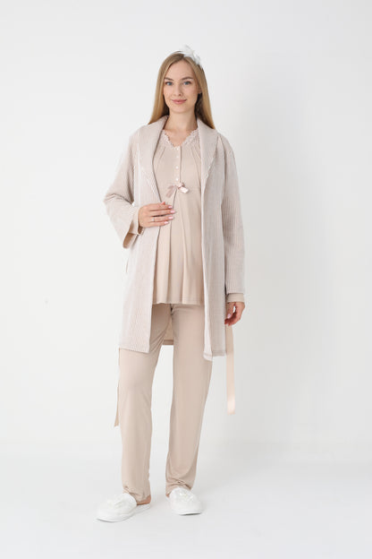 3’Lü Pijama Takımı - Çizgi Desenli Sabahlıklı Dantel Detay Lohusa Hamile Takım - 3442