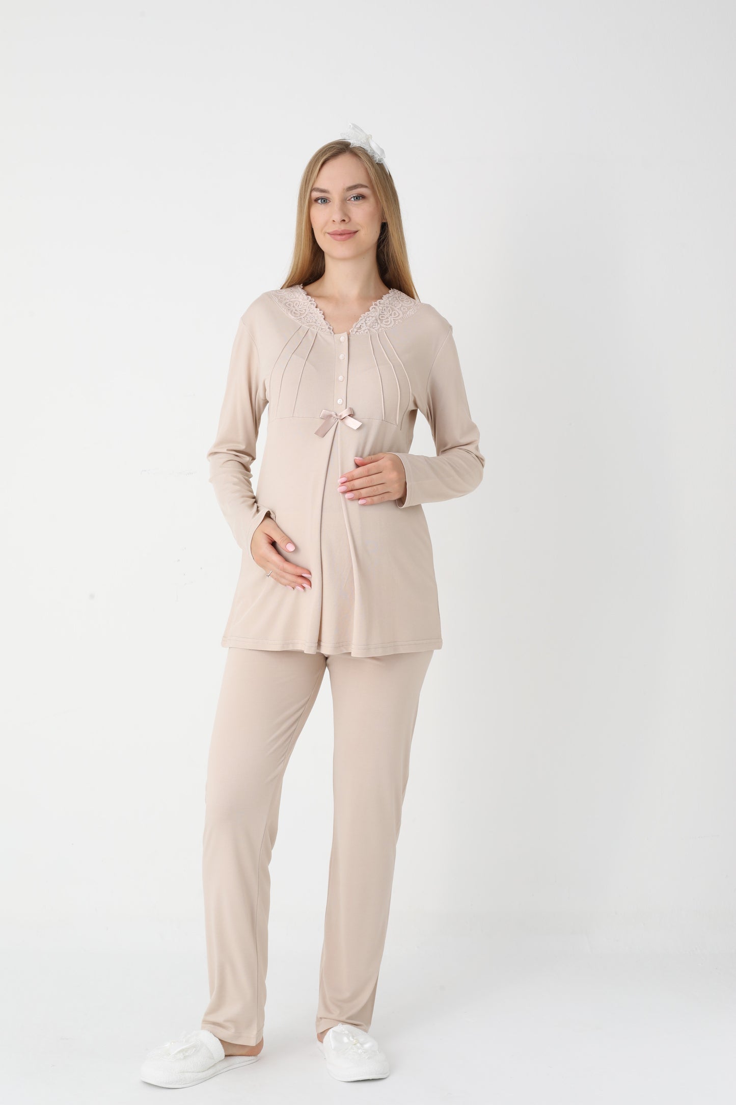 3’Lü Pijama Takımı - Çizgi Desenli Sabahlıklı Dantel Detay Lohusa Hamile Takım - 3442