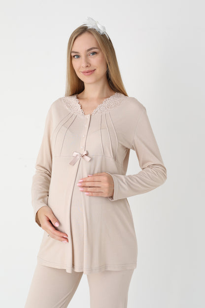 3’Lü Pijama Takımı - Çizgi Desenli Sabahlıklı Dantel Detay Lohusa Hamile Takım - 3442