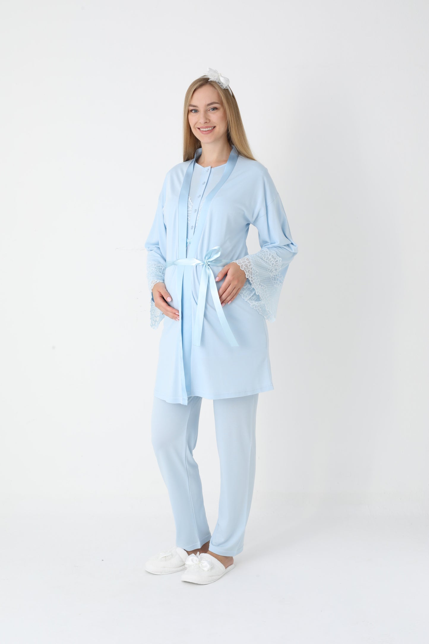 3’Lü Pijama Takımı - Dantel Kol Sabahlıklı Dantel Detay Lohusa Hamile Takım - 3443