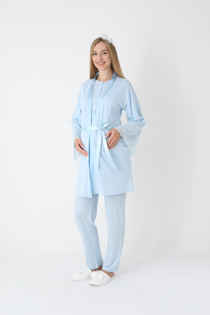 3’Lü Pijama Takımı - Dantel Kol Sabahlıklı Dantel Detay Lohusa Hamile Takım - 3443