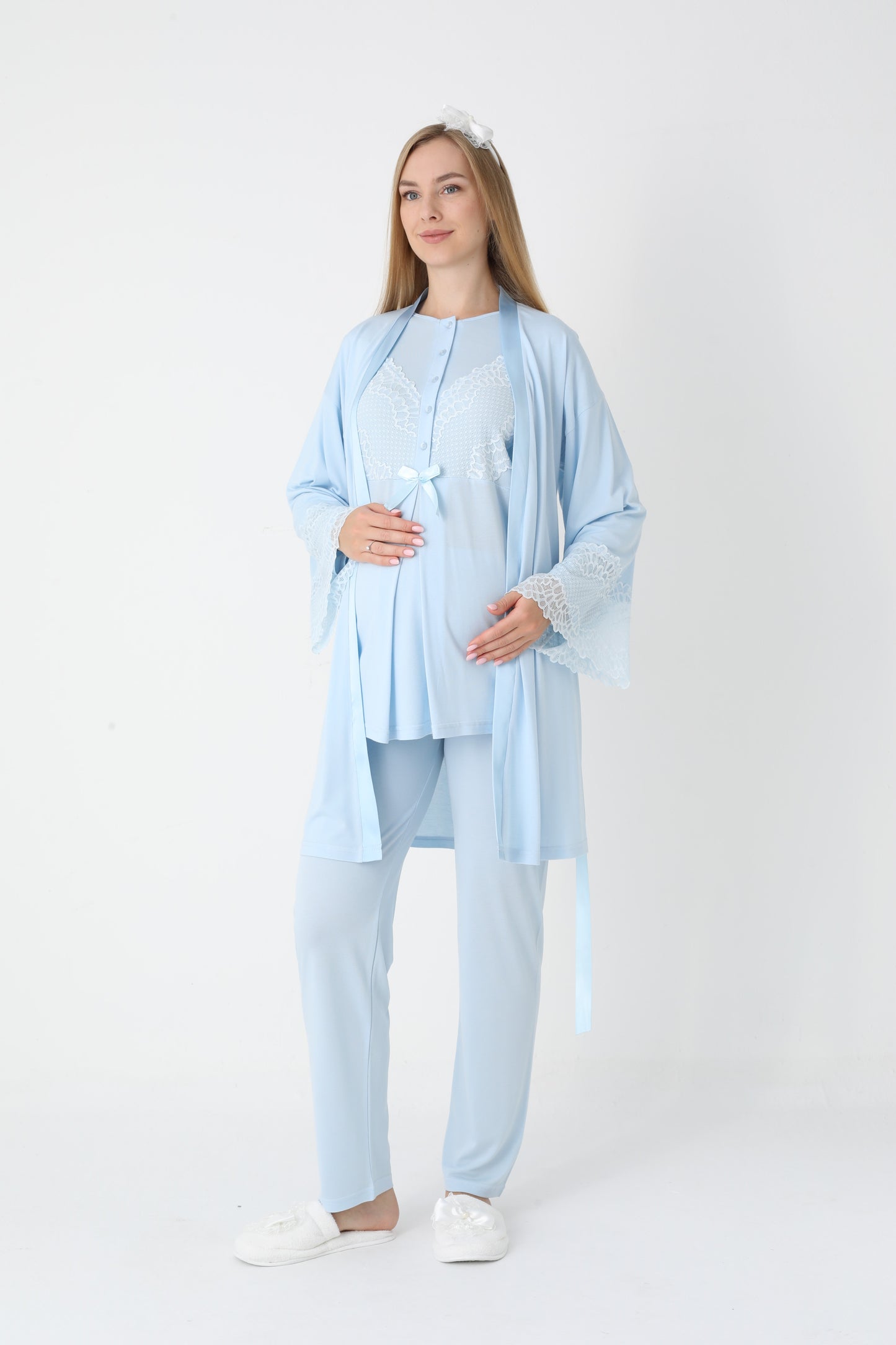 3’Lü Pijama Takımı - Dantel Kol Sabahlıklı Dantel Detay Lohusa Hamile Takım - 3443