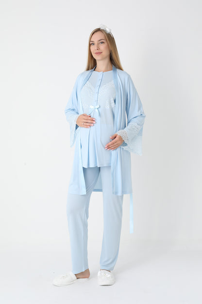 3’Lü Pijama Takımı - Dantel Kol Sabahlıklı Dantel Detay Lohusa Hamile Takım - 3443