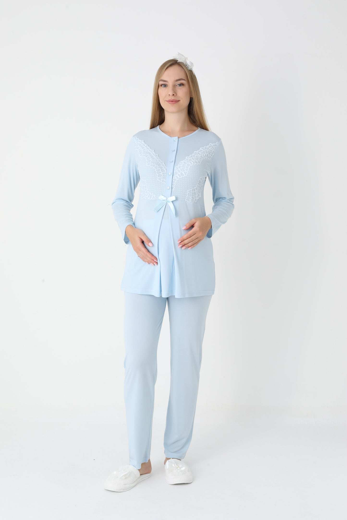 3’Lü Pijama Takımı - Dantel Kol Sabahlıklı Dantel Detay Lohusa Hamile Takım - 3443